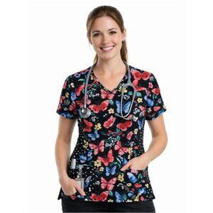 Elle Women's Black Colorful Butterfly and Floral V-Neck Nurse Scrub Top Medium